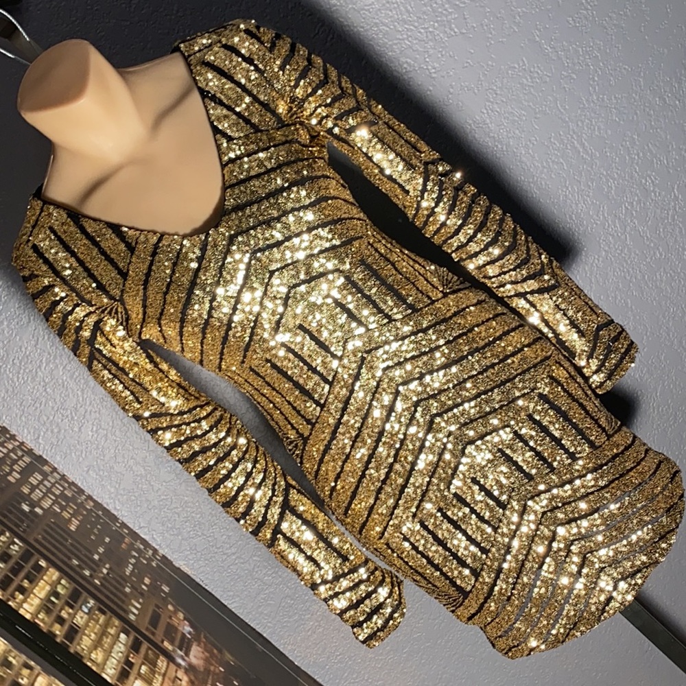 NWT - Sexy Dress w gold sequins on black Mesh !